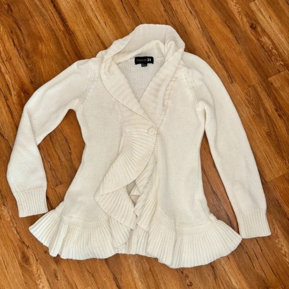 Forever 21 Cream Ruffle-Front Shawl Cardigan
